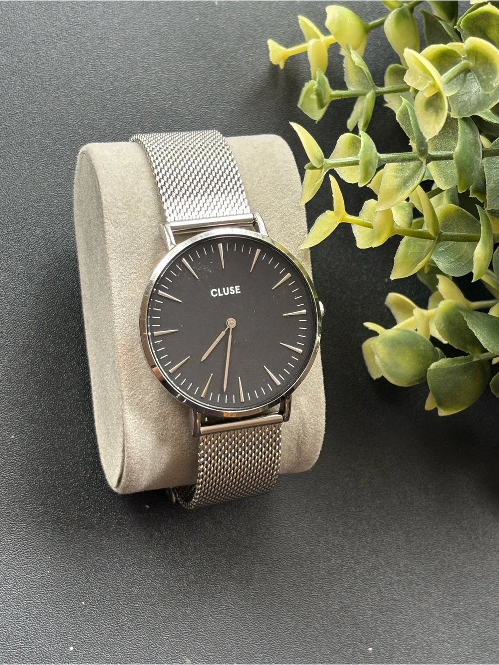 Men's Silver Mesh Bracelet Watch with Black Dial